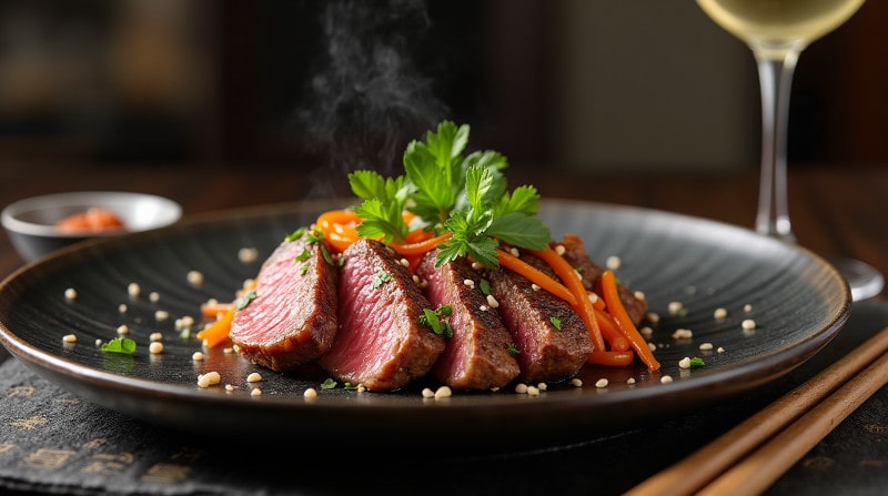 Rezeptidee Wein zum Essen Asiatisch angehauchtes Rinderfilet mit Ingwer & Sesamgemüse