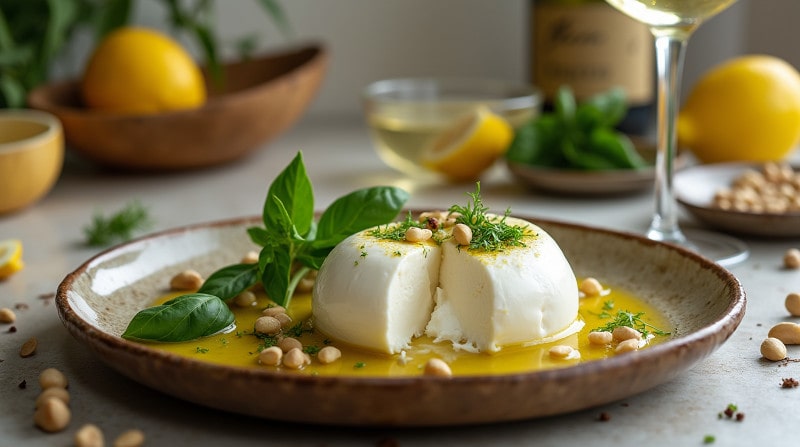Burrata mit Zitronen-Olivenöl & gerösteten Pinienkernen