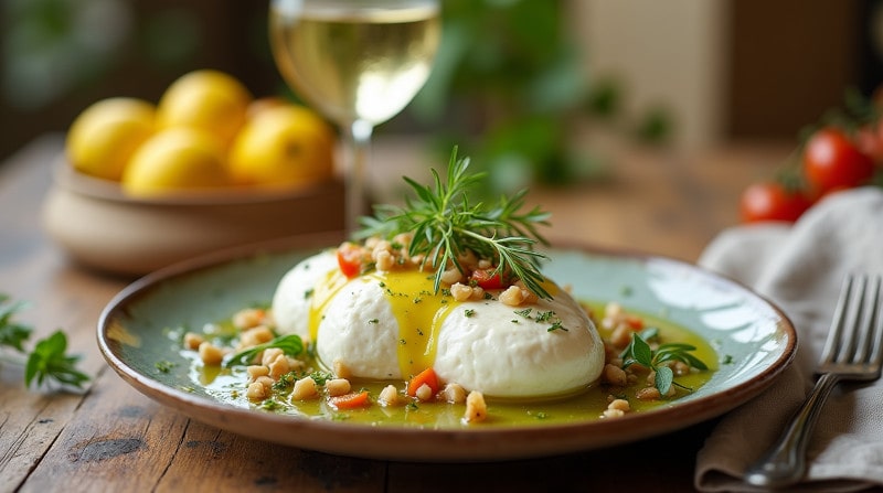 Burrata mit Zitronen-Olivenöl, Pinienkernen & Chardonnay auf rustikalem Teller.