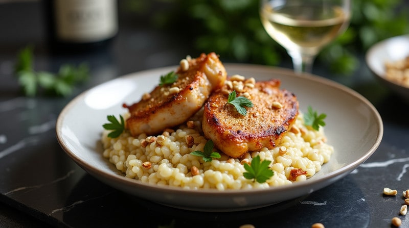 Rezeptidee Wein zum Essen Perfekt gebratene Hähnchenbrust auf cremigem Bärlauch-Risotto mit gerösteten Haselnüssen