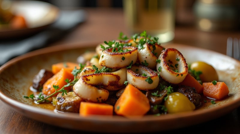 Rezeptidee Wein zum Essen Gegrillter Kalmar mit Zitronen-Kräuterbutter & Wintergemüse – Perfektes Wein-Pairing