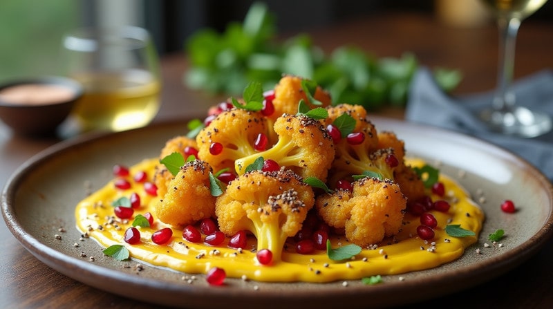 Rezeptidee Wein zum Essen Gerösteter Blumenkohl mit Kurkuma-Tahini-Sauce & Granatapfelkernen – Perfektes Wein-Pairing