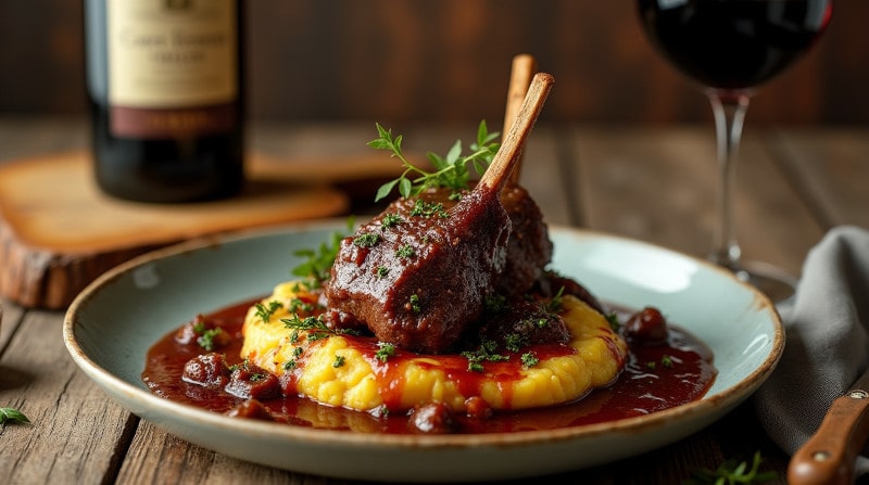 Rezeptidee Wein zum Essen Geschmorte Lammhaxe mit Kräuterpolenta & Rotweinreduktion – Ein perfektes Wein-Pairing