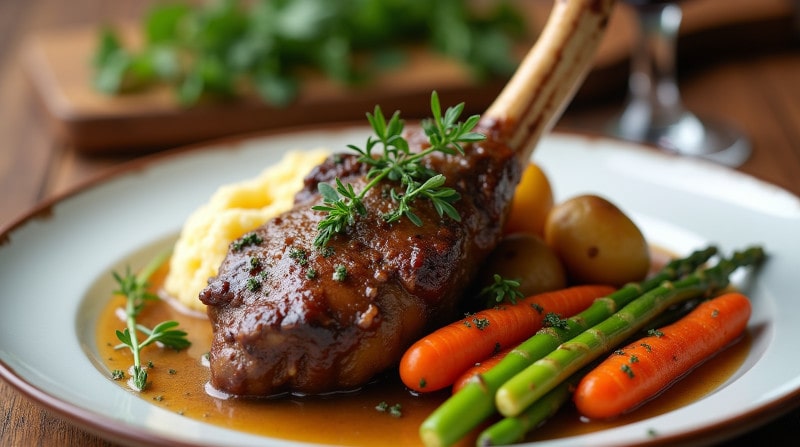 Rezeptidee Wein zum Essen Geschmorte Lammkeule mit Zitronen-Thymian-Sauce & Frühlingsgemüse – ein zartes, aromatisches Schmorgericht