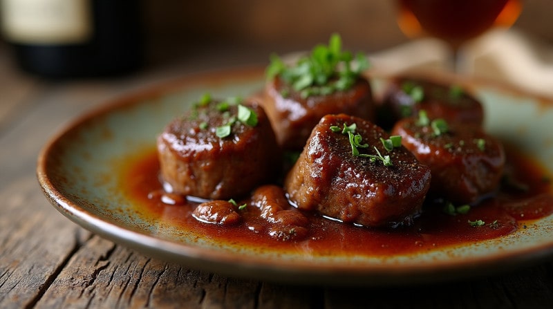Rezeptidee Blogpost Wein zum Essen Geschmorte Rinderbaeckchen mit Wurzelgemüse und Rotweinjus