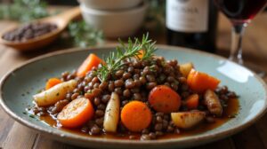 Rezeptidee Wein zum Essen Geschmortes Linsengericht mit geröstetem Wurzelgemüse & Kräutern – Perfektes Wein-Pairing