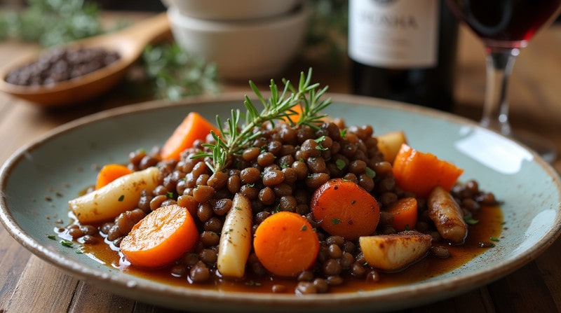 Rezeptidee Wein zum Essen Geschmortes Linsengericht mit geröstetem Wurzelgemüse & Kräutern – Perfektes Wein-Pairing