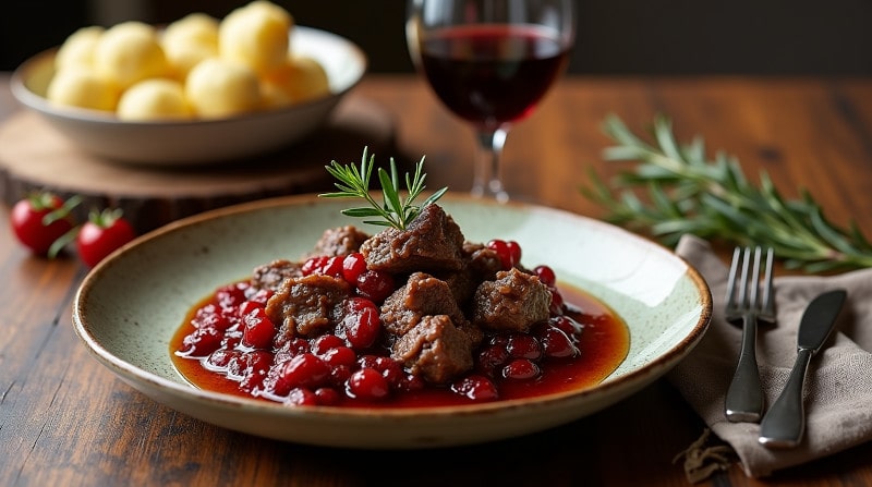 Rezeptidee Wein zum Essen Hirschragout mit Preiselbeeren & Rotwein-Schalotten – Perfektes Wein-Pairing