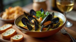 Rezeptidee Wein zum Essen Miesmuscheln in Safran-Weißweinsauce mit geröstetem Baguette – Perfektes Wein-Pairing