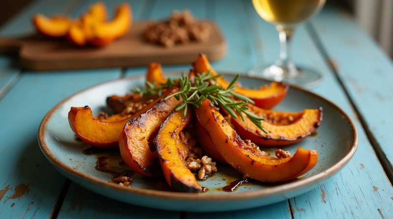 Rezeptidee Wein zum Essen Ofengerösteter Kürbis mit karamellisierten Walnüssen & Balsamico-Reduktion – Perfektes Wein-Pairing