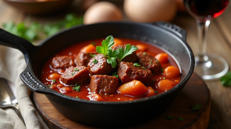 Rezeptidee Wein zum Essen Rindergulasch mit Rotwein und Paprika