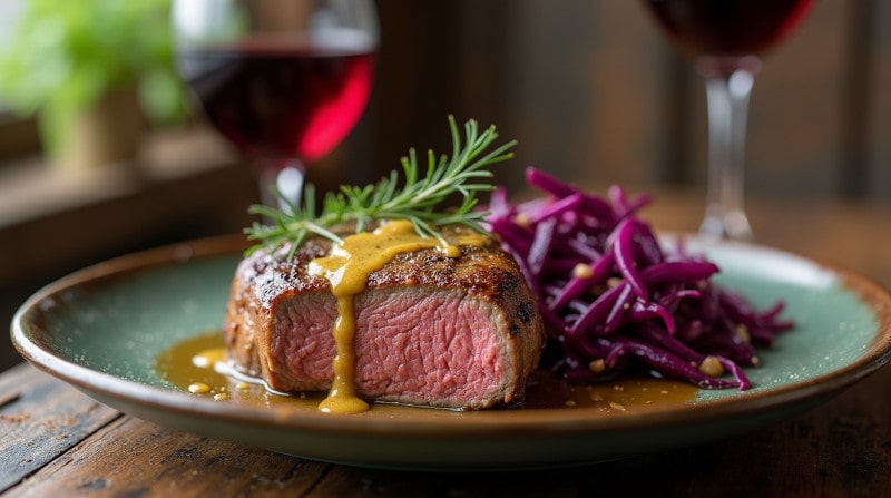 Rezeptidee Wein zum Essen Roastbeef mit winterlichem Rotkohlsalat & Senf-Dressing