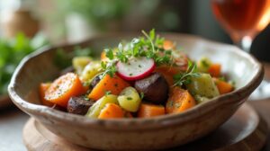 Rezeptidee Wein zum Essen Vegane Frühlingsbowl mit geröstetem Wurzelgemüse & Radieschen-Vinaigrette – gesundes, farbenfrohes Frühlingsgericht