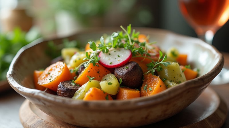 Rezeptidee Wein zum Essen Vegane Frühlingsbowl mit geröstetem Wurzelgemüse & Radieschen-Vinaigrette – gesundes, farbenfrohes Frühlingsgericht
