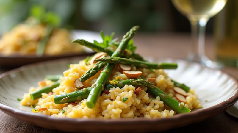 Rezeptidee Wein zum Essen Cremiges Zitronen-Risotto mit knackigem grünem Spargel & gerösteten Mandeln