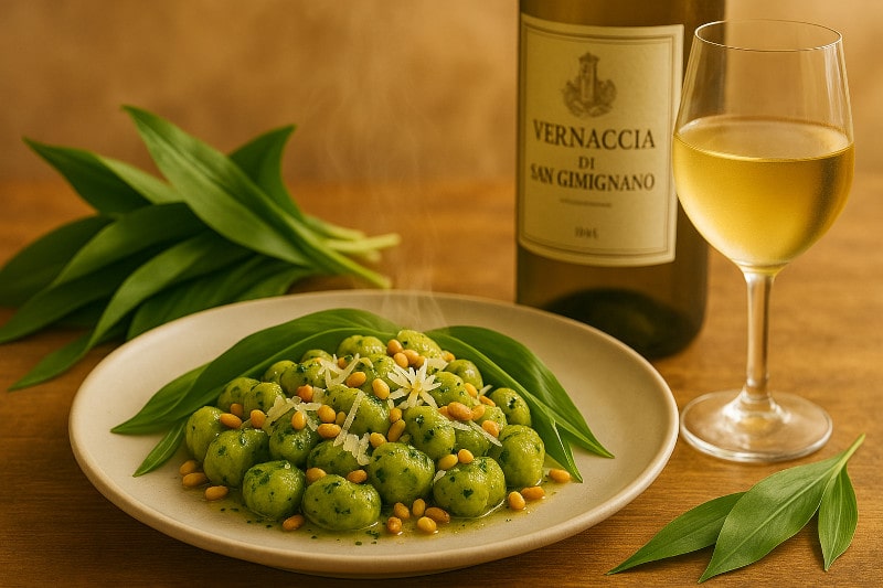 Rezeptidee Wein zum Essen Bärlauchgnocchi mit Pinienkernen und einem Glas Vernacchia di San Gimignano