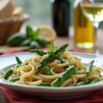 Rezeptidee Wein zum Essen Pasta Primavera mit grünem Spargel, Erbsen & Ricotta, serviert mit einem Glas Lugana