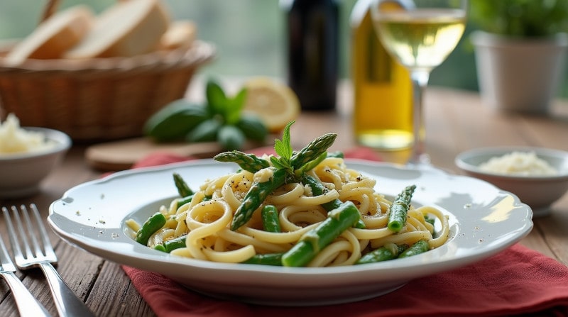 Rezeptidee Wein zum Essen Pasta Primavera mit grünem Spargel, Erbsen & Ricotta, serviert mit einem Glas Lugana