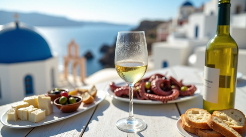 Rebsorten und Wein Pairing Assyrtiko-Wein im Glas mit mediterraner Speisenbegleitung wie gegrilltem Fisch und Meeresfrüchten