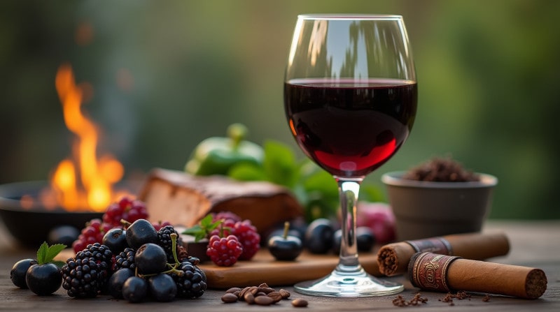 Cabernet Sauvignon-Wein im Glas mit passender Speisenbegleitung wie Rindersteak & Wildgerichten
