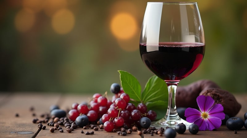 Syrah-Wein im Glas mit passender Speisenbegleitung wie gegrilltem Fleisch & Wildgerichten