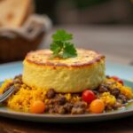 Rezeptidee Wein zum Essen Südafrikanisches Bobotie mit gelbem Reis und Chutney,