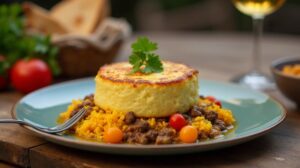 Rezeptidee Wein zum Essen Südafrikanisches Bobotie mit gelbem Reis und Chutney,