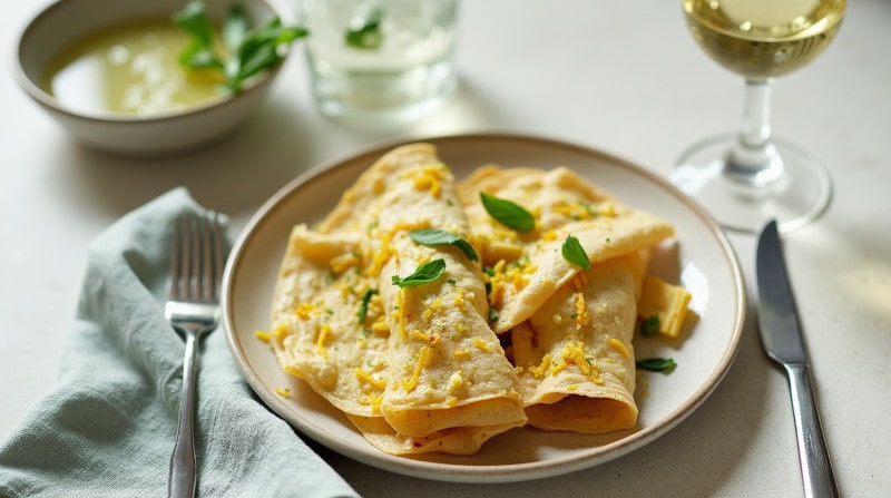 Rezeptidee Wein zum Essen Zitronen Ricotta Crêpes mit Frühlingskräutern