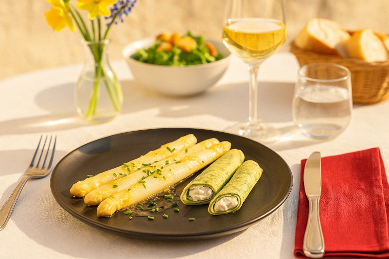 Rezeptidee Wein zum Essen Weißer Spargel mit Kräuter-Crêpes und Ziegenfrischkäse, serviert mit Chenin