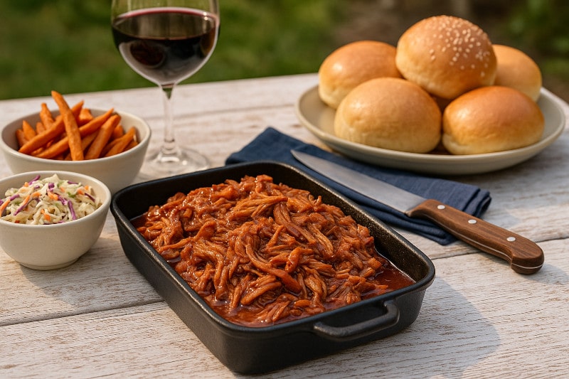 Rezeptidee Wein zum Essen Pulled Pork Burger mit Carolina-Vinegar-Sauce und Zinfandel