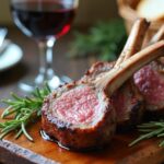 Rezeptidee Wein zum Essen Lammkoteletts mit Rosmarin und Knoblauch auf Holzbrett mit einem Glas Rotwein