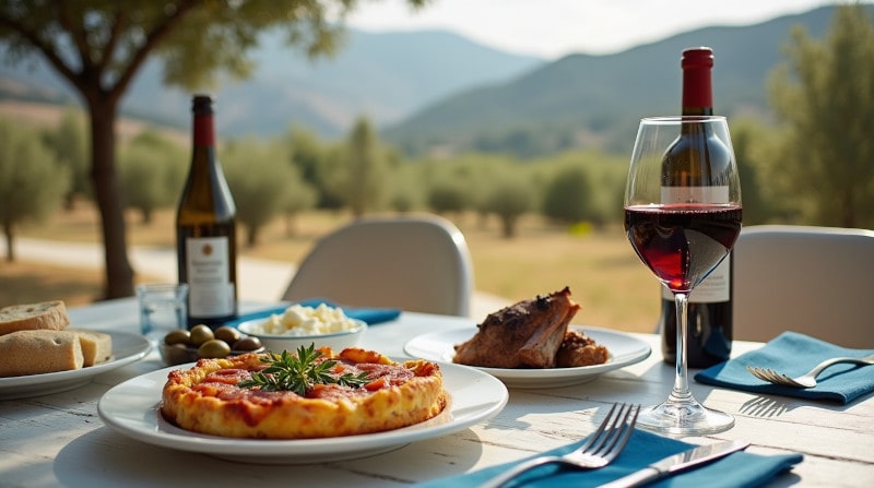 Category image Grape variety Xinomavro Xinomavro wine in a glass with Greek specialties such as moussaka, mezze and lamb kleftiko on a Mediterranean table setting