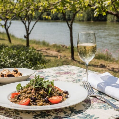 Kalter Linsensalat mit Tomaten, Oliven und Crémant de Loire, Wein aus Frankreich
