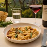Wein zum Essen Agnolotti del Plin mit Barbera, italienischer Terrassentisch