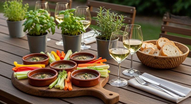 Wine with food Bagna Cauda with Roero Arneis, garden table, vegetables and bread