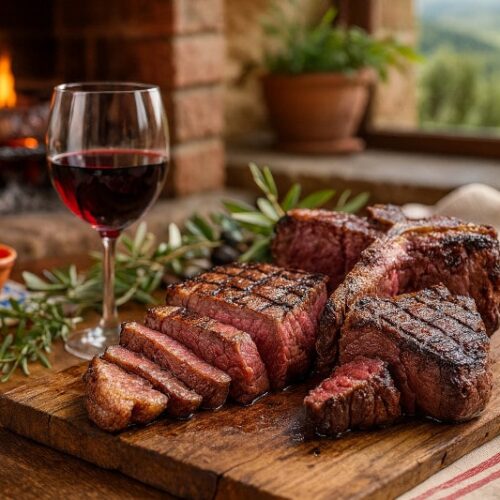 Wein zum Essen Bistecca alla Fiorentina mit Chianti Classico, Steak auf Holztisch, toskanisches Ambiente