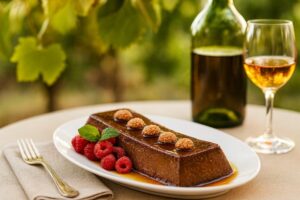Wine with dinner Bonet, Piedmontese cocoa pudding, Moscato d'Asti DOCG, dessert plate, garden atmosphere, Italian summer evening