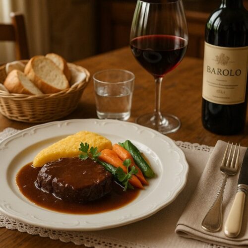 Wein zum Essen Brasato al Barolo, rustikaler Festtagstisch mit Barolo und Polenta