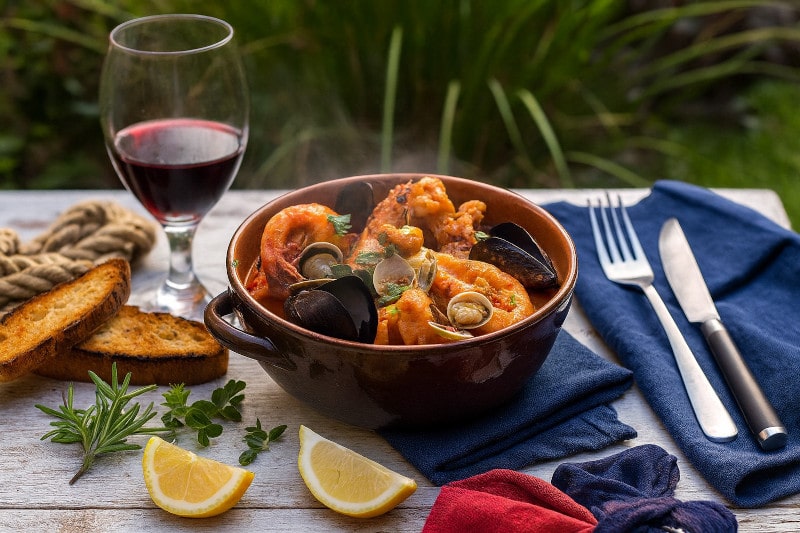 Wine with food Cacciucco, Tuscan fish stew, Morellino di Scansano DOCG, Mediterranean garden table, seafood
