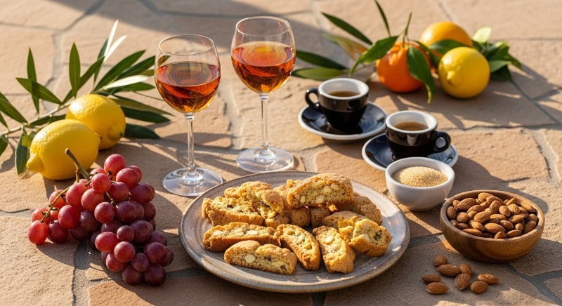 Wine with food Cantucci Vin Santo, Tuscan almond cookies, dessert wine, terrace table, Italian summer light