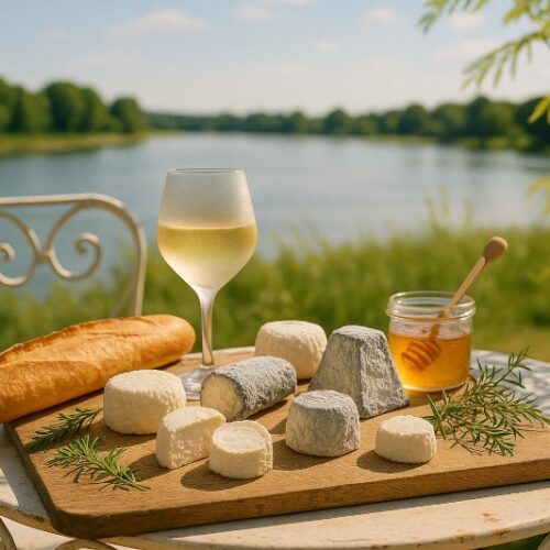 Wein zum Essen Chèvre Frais aus der Loire, Gartentisch mit Sancerre, Käseplatte