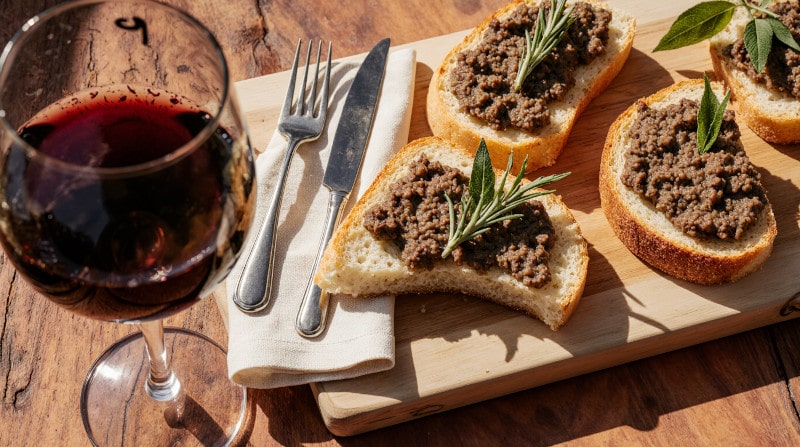 Wine with the meal Crostini Toscani, liver crostini, Rosso di Montalcino DOC, terrace table, Tuscan atmosphere