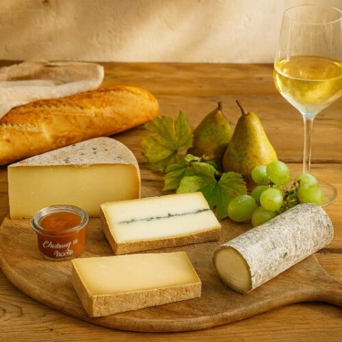 Wein aus Frankreich: Französische Käseplatte mit Comté, Morbier, Ziegenkäserolle, Quittenchutney & Chardonnay aus Burgund