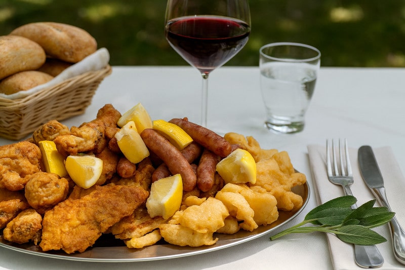 Wine with food Fritto Misto Piemontese with Barbera d'Asti, garden table, Italian summer party