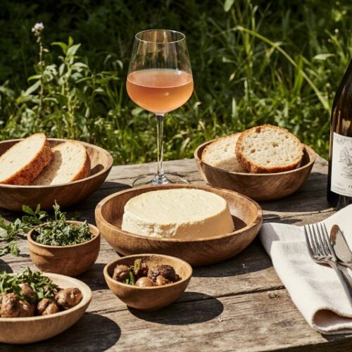 Wein zum Essen gebackener Camembert, fermentierte Pilze, Kräuter & Orange Wine aus Slowenien