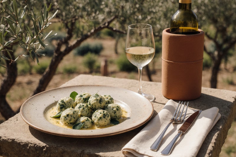 Wine with food Gnudi, ricotta dumplings with spinach, Vernaccia di San Gimignano DOCG, garden table, Italian scenery