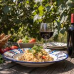 Wine with dinner Paniscia Novara, Gattinara DOCG red wine, Italian garden table, rustic risotto, Mediterranean atmosphere