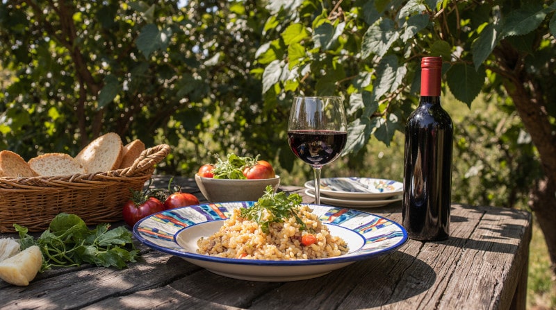 Wine with dinner Paniscia Novara, Gattinara DOCG red wine, Italian garden table, rustic risotto, Mediterranean atmosphere