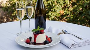 Wine with Panna Cotta – Italian cream dessert, Asti Spumante DOCG, dessert plate, Mediterranean terrace