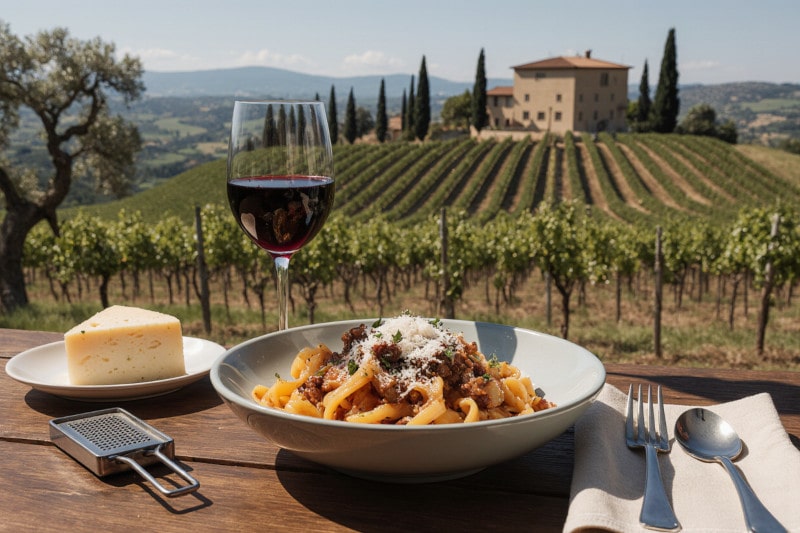 Wein zum Essen Pappardelle al Cinghiale mit Brunello di Montalcino auf toskanischer Terrasse
